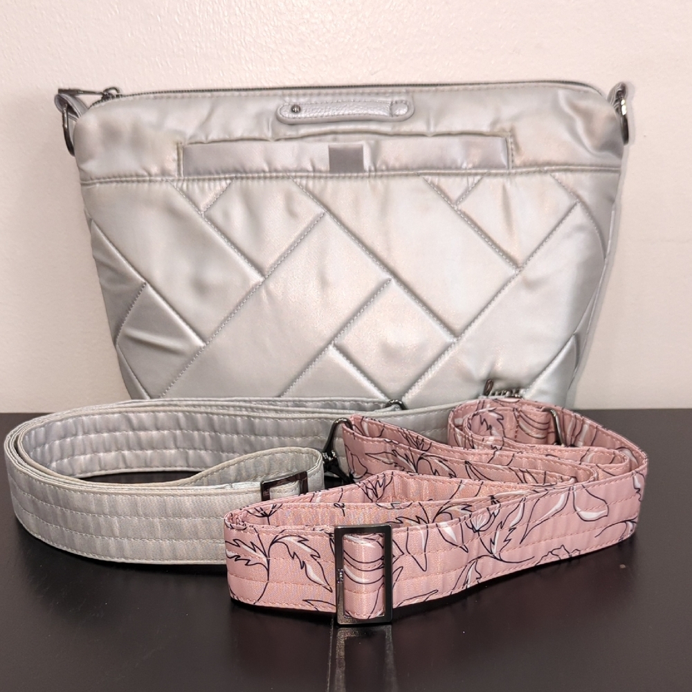 Silver Quilted Women's Bag with Pink Strap